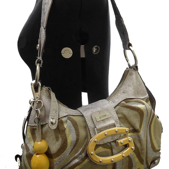 Guess Samba Metallic Satchel Wood Logo Bag Purse - Picture 8 of 8